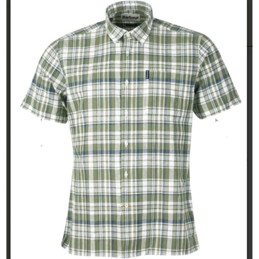 Barbour Linen Mix 2 Short Sleeved Summer Shirt Green White Plaid Button Front XL